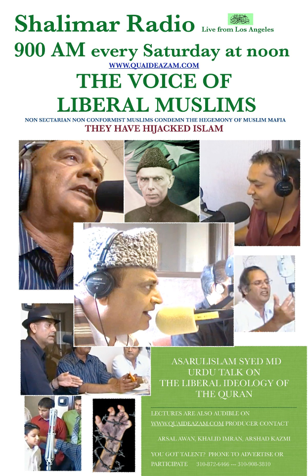 Plakat, das "Die Stimme der liberalen Muslime"-Radiosendung bewirbt, zeigt Bilder von Menschen mit Kopfhörern und Mikrofonen in einem Gespräch.