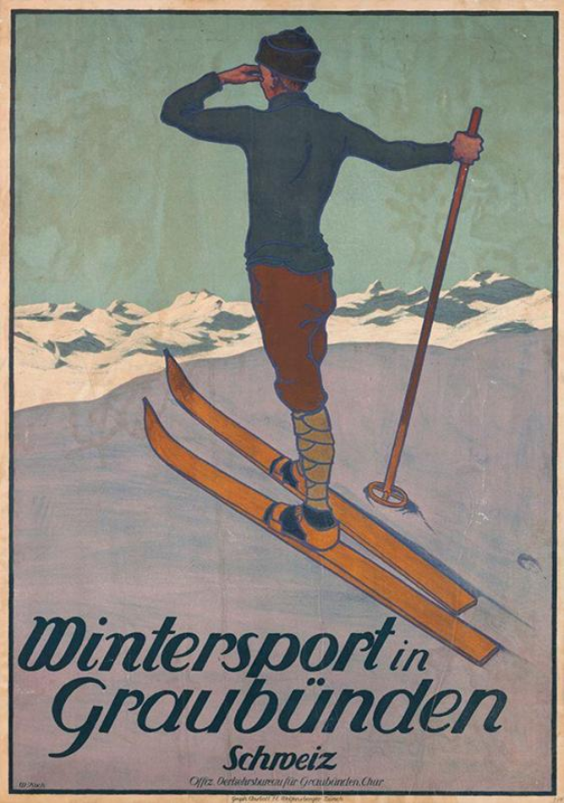Eine Person auf Skiern mit einem Stock vor schneebedeckten Bergen auf einem Plakat, das einen Wintersport in Graubünden, Schweiz, bewirbt, mit Text, der Informationen über den Sport enthält.