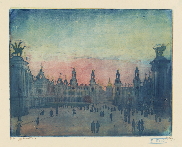 Gemälde eines Stadtplatzes mit Passanten, umgeben von Gebäuden und Statuen, mit Text unten.