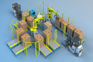 Eine Gruppe von automatisierten Robotern, die auf Fl├Ąnbandern in einem Lager arbeiten, umgeben von Kartonagen und Fahrzeugen.