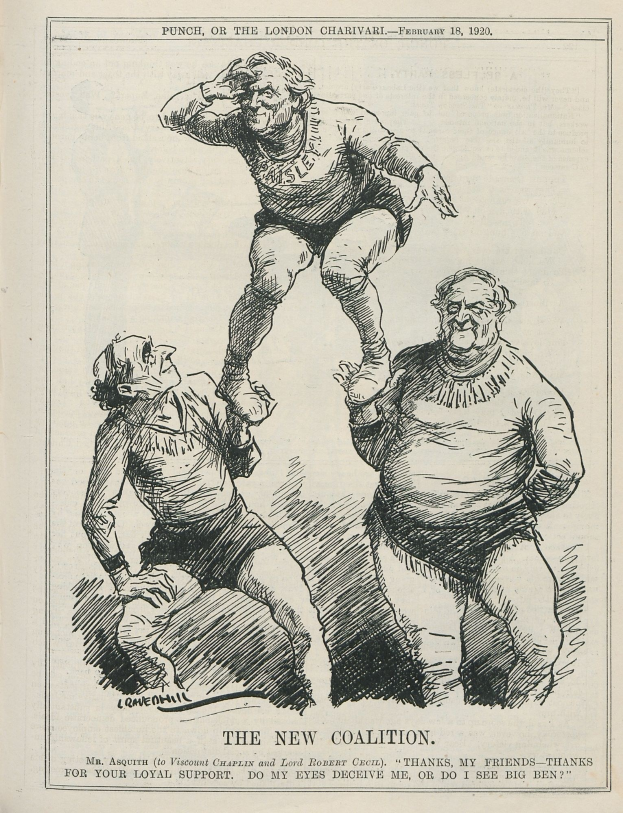 Ein historisches politisches Karikaturbild namens "Die neue Koalition" aus Punch, oder der Londoner Charivari vom Februar 18, 1920, das drei besorgte Gestalten zeigt, eine mit ausgestreckten Armen und gequälter Miene.