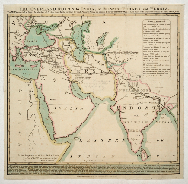 Ein detailliertes Papier mit einer Karte, die Überlandrouten nach Indien, Russland, Türkei und Persien zeigt, mit Ländern, Grenzen, wichtigen Städten, Gewässern und textuellen Informationen über Routen und Entfernungen.