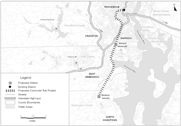 Schwarze und weiße Karte einer Stadt mit einem Fluss, beschriftet mit "Vorgeschlagenes Nahverkehrsbahnprojekt" auf der linken Seite, zeigt Straßen, Autobahnen und Stadtmerkmale.
