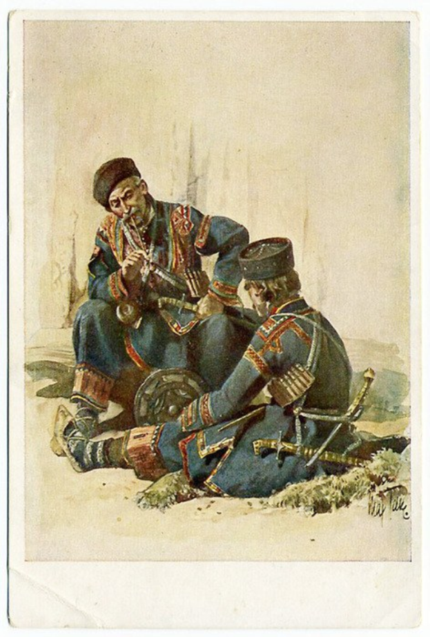 Zwei Männer in Militäruniformen sitzen auf dem Boden, einer hält ein Musikinstrument und der andere ein Objekt, mit dem Wort "Kasachstan" unten.
