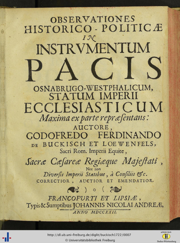 Altes Buch mit dem Titel "Beobachtungen historisch-politisch im Instrumentum Pacis" geöffnet auf einer Seite mit schwarzer Tinte in einem dekorativen Rahmen.