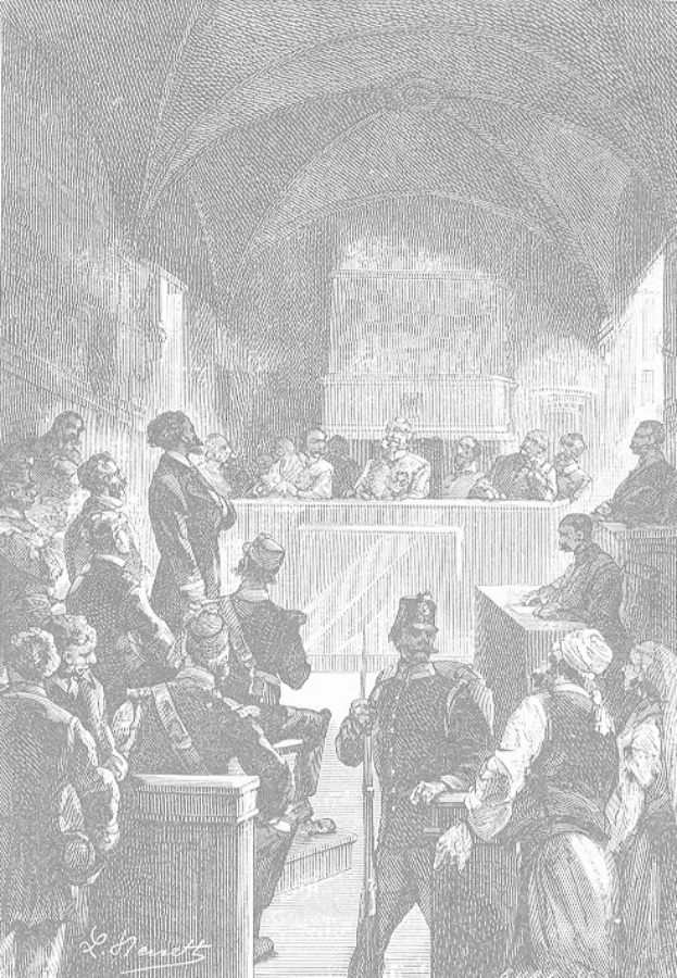 Eine Schwarz-Weiß-Zeichnung einer Gerichtsszene mit einem Mann, der eine Waffe hält und vor einer Menge von Menschen steht, einige sitzen auf Bänken und andere stehen, mit der Inschrift "Der Prozess gegen Thomas Jefferson" unten.