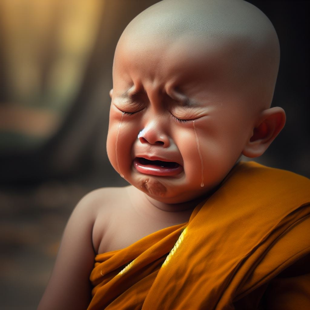 Ein Baby mit tränenüberströmten Wangen, geschlossenen Augen und offenem Mund in Not gegen einen unscharfen Hintergrund.