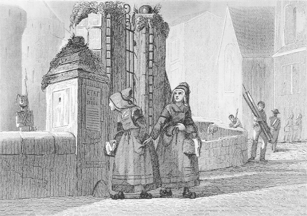 Schwarz-weißes Gravur von zwei Frauen vor einem Gebäude in der City of London, mit zusätzlichen Figuren im Hintergrund und Text unten lesend "Victorian Women in the City of London".