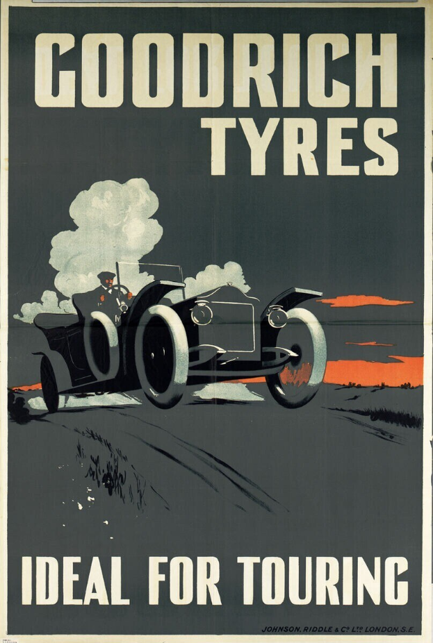 Plakatwerbung für Goodrich Reifen mit einem Auto und einer Person darin, mit Text über das Unternehmen und seine Dienstleistungen.