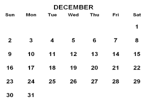 Ein Dezember 2019 Kalender mit Feiertagen in fetter Schrift und einer anderen Farbe hervorgehoben, vor einem weißen Hintergrund.