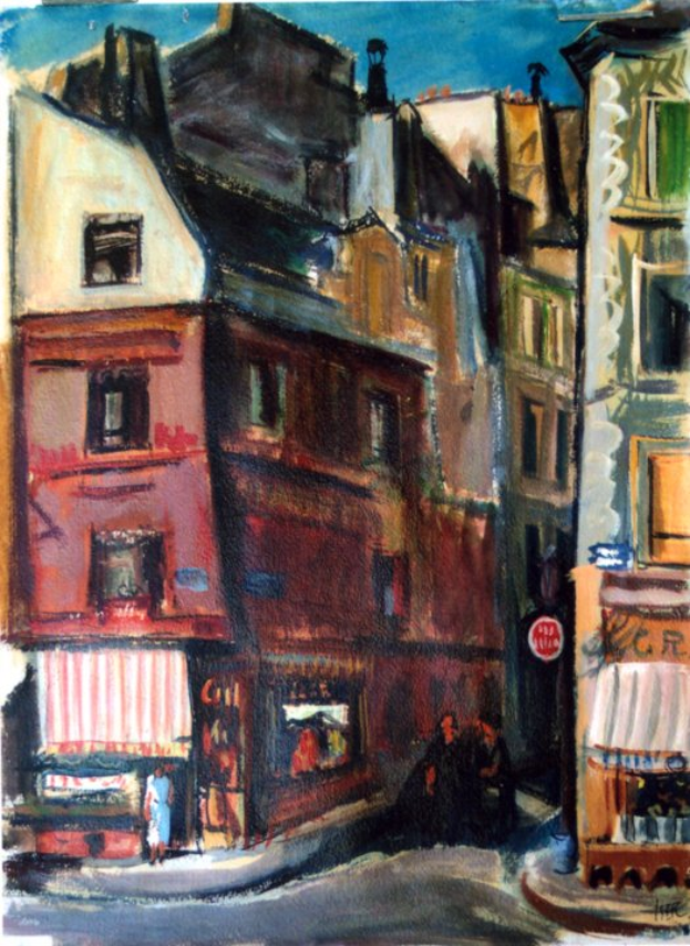 Ein lebendiges Ölbild einer belebten Pariser Straßen Szene mit Häusern, Menschen und einem klaren Himmel im Hintergrund.