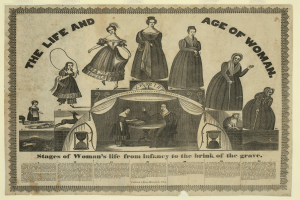Eine bunte Papierreproduktion, die die Phasen des Lebens von Frauen von der Kindheit bis ins hohe Alter zeigt, mit fetter Schrift und detaillierten Elementen.