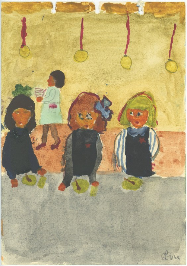 Gemälde von drei Kindern in festlicher Kleidung, die auf einer Bank vor einer Wand mit Weihnachsschmuck, bunten Orchideen und anderen Festdekorationen sitzen und strahlen.