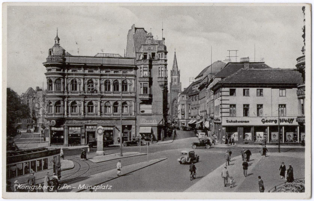 Schwarzes und weißes Foto einer belebten Münchner Straße mit Fußgängern, Fahrzeugen und Fenstern an den Gebäuden, Bäumen im Hintergrund und Text am unteren Rand.