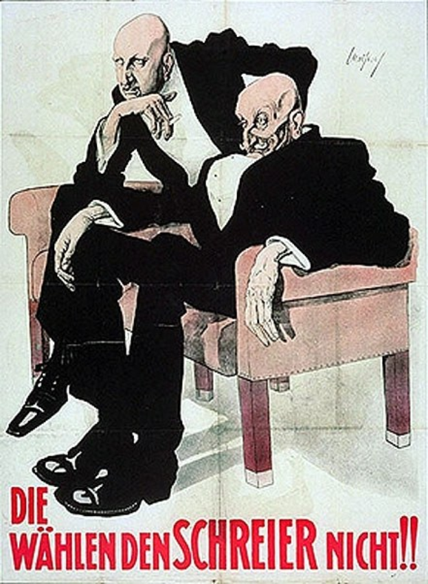 Deutsches Propagandaplakat für die Nationalsozialistische Deutsche Arbeiterpartei, das zwei Männer auf einem Sofa zeigt, mit Text, der die Partei bewirbt.