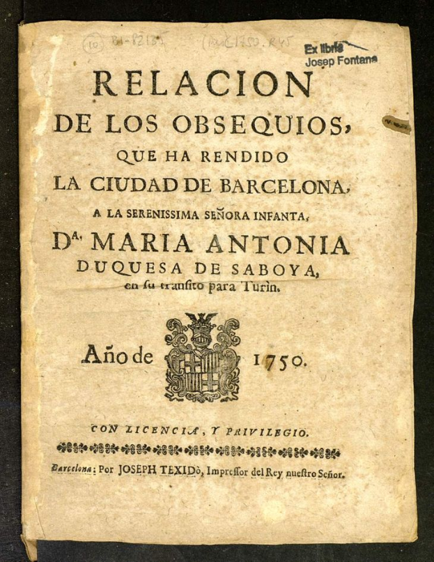 Ein altes Buch mit einem schwarzen Hintergrund und einem Logo, das den Text 'Relacion de los Obsequios, que ha rendido la ciudad de Barcelona' trägt.