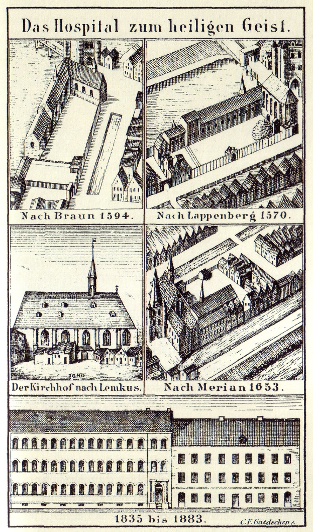 Eine detaillierte Plakatillustration eines deutschen Krankenhauses mit mehreren Gebäuden, Fenstern, Türen und Balkonen, begleitet von erklärendem Text.