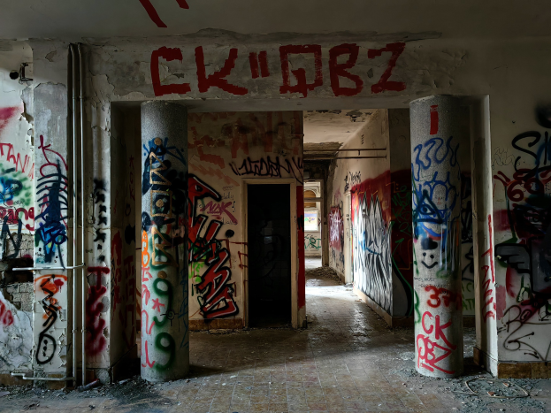 Verlassenes Gebäude mit graffiti-bedeckten Wänden, sichtbarem Boden, freiliegenden Rohren und einer Tür im Hintergrund, das die Stadtverfallenheit zeigt.