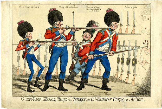 Cartoon of armed uniformed men standing in a guard room with text reading "Guard Room Tactics, Bugs in Danger, or a Volunteer Corps in Action".