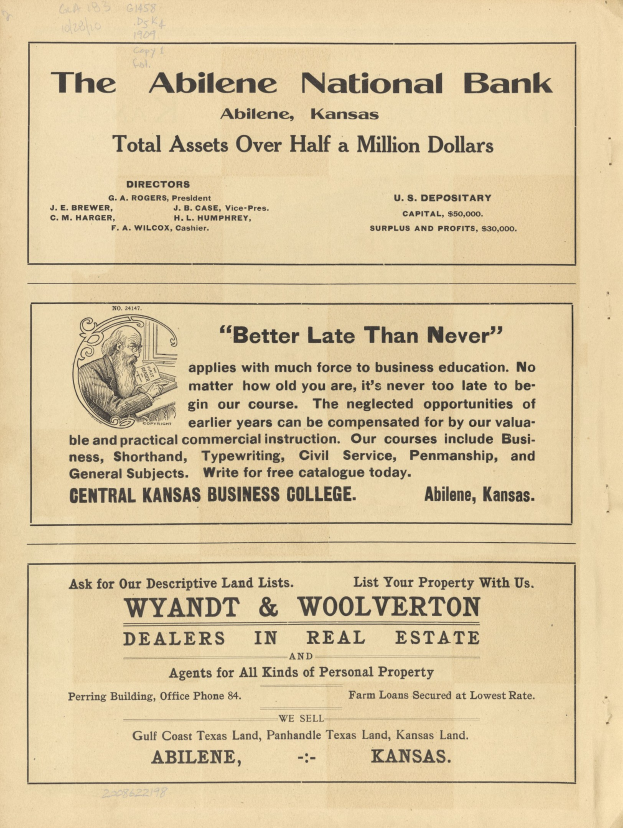 Schwarze und weiße Zeitungsanzeige für die Abilene National Bank mit einem zentralen Porträt und Text, der die Bankdienste beschreibt.
