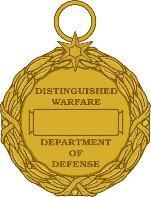 Goldmedaille mit "Verdienstliche Kriegsabteilung des Verteidigungsministeriums" darauf gegen einen weißen Hintergrund.