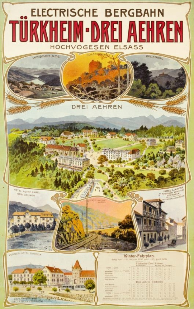 Plakat für Bergbahn, Deutschland als Elektrostadt, mit Gebäuden, Bäumen, Hügeln und beschreibendem Text.