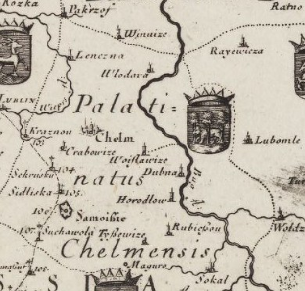 Detailierte alte Stadtkarte von Palatinat mit klassischem Schriftzug, symmetrischen Logos und Straßen, Gebäuden und Sehenswürdigkeiten in Blau-, Grün- und Gelbtönen markiert.