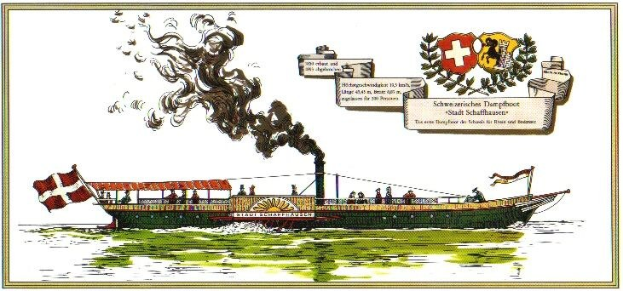 Eine Zeichnung eines geschmückten Dampfschiffs mit Rauch, der daraus aufsteigt, das auf dem Wasser mit Passagieren fährt, mit einem Logo und Text, der "Schweizerische Dampfboot - Stadt Schaffhausen" auf der rechten Seite zeigt.
