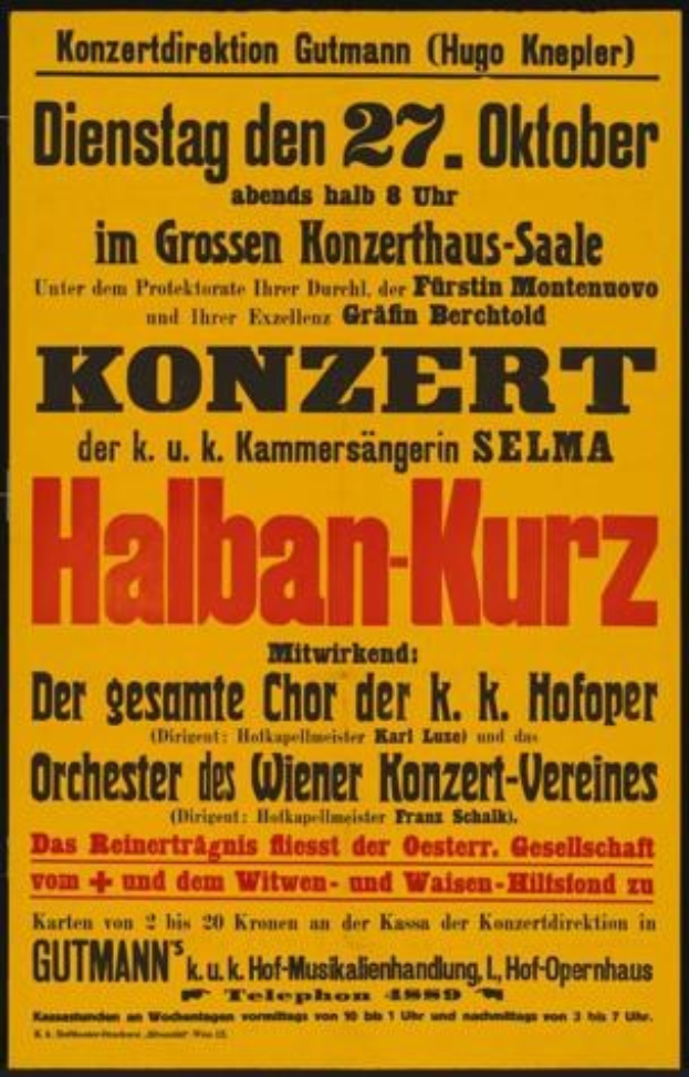 Gelbes Plakat in Berlin, Deutschland für ein Konzert mit dem Titel "Konzert Halban-Kurz".