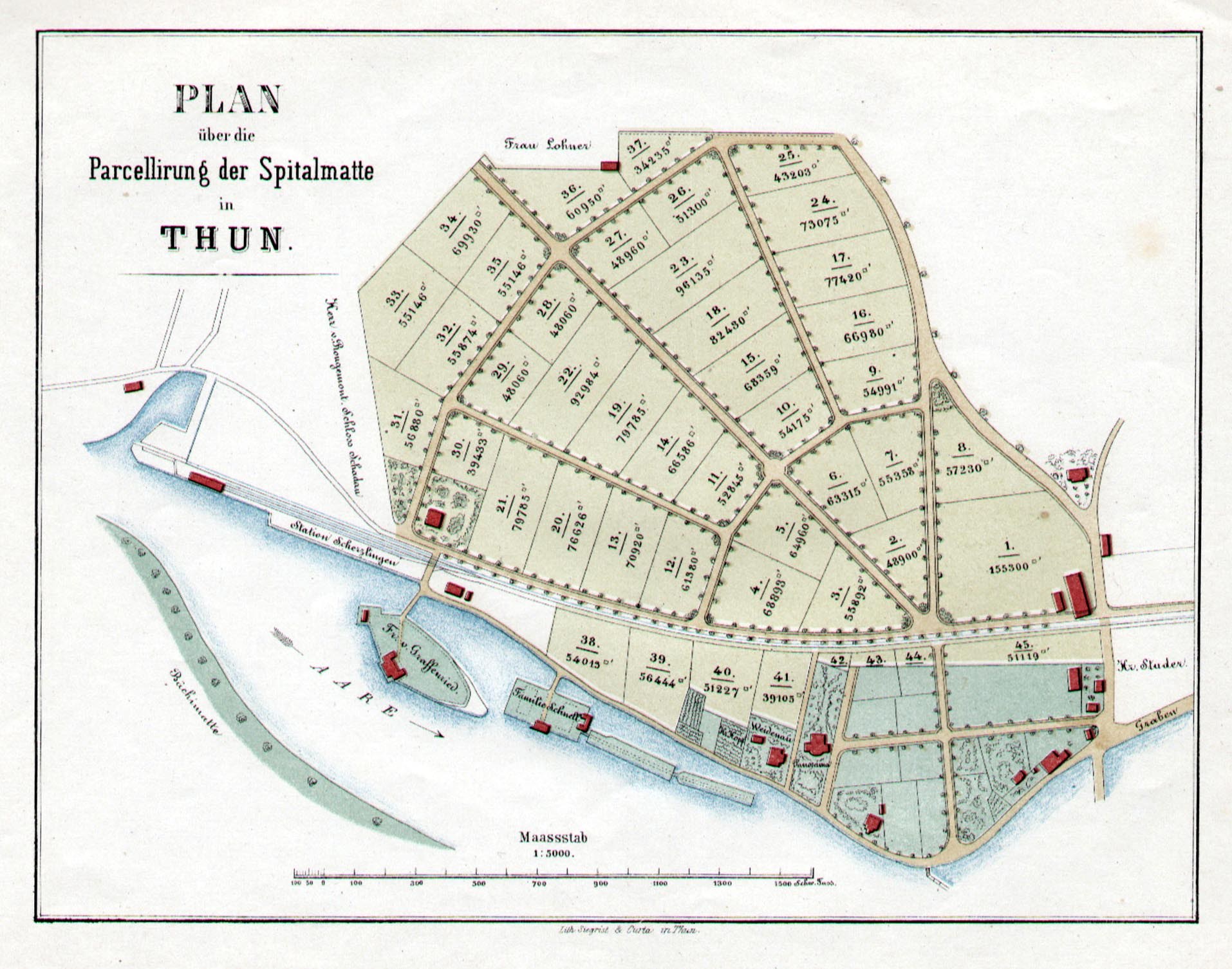 Alte detaillierte Karte von Thun, Deutschland, zeigt Straßen, Gebäude und Sehenswürdigkeiten mit handgeschriebenem Text.