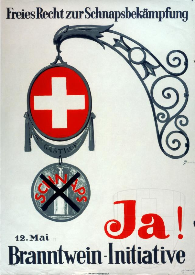 Plakat mit einem roten Kreuzsymbol und der schwarzen, fetten Schrift "Jä Brantwein-Initiative", wahrscheinlich für eine Schweizer Rotes Kreuz-Initiative.