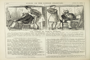 Ein altes Buchcover mit einem Mann in einem Anzug, der in einem Stuhl sitzt und nachdenklich schaut, und einer Frau, die neben ihm steht und nachdenklich in die Ferne schaut, mit der Aufschrift "Die Macht der öffentlichen Meinung".