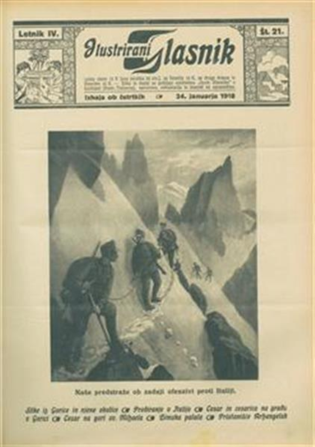 Schwarz-weißes Bild einer alten Zeitung mit der Überschrift "Glasnik, Januar 1918", das eine Gruppe von Menschen mit Rucksäcken zeigt, die einen Berg hinaufklettern.
