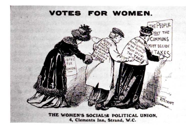 Cartoon von drei Frauen in traditioneller Kleidung mit einem Schild, auf dem "Votes for Women: The Women's Social & Political Union" steht, vor einem hellblauen Himmel mit weißen Wolken.