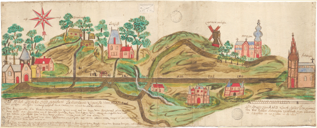 Eine detaillierte Karte einer kleinen Stadt mit einem Fluss, Häusern, Bäumen, Hügeln, Windmills und umgebenem Text.