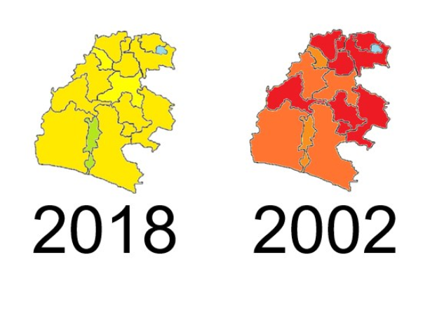 Eine Deutschlandkarte mit den Bundesländern von 2018 und 2002, die in Gelb, Rot und Orange hervorgehoben sind, auf einem weißen Hintergrund mit Text.