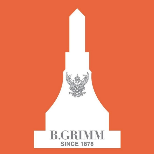 Plakat mit einem orangen Hintergrund, der ein weißes Kreislogo mit einem schwarzen 'b' und den Text 'b grimm seit 1878' in fetter schwarzer Schrift enthält.