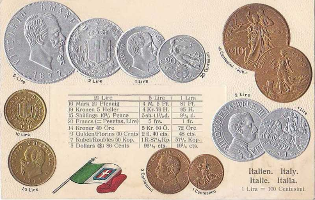 Ein Blatt Papier mit einer Reihe italienischer Münzen von 1877-1910, darunter mehrere 20-Lire-Münzen, mit Text und Porträts sowie zwei Flaggen, darunter die italienische Flagge, unten.
