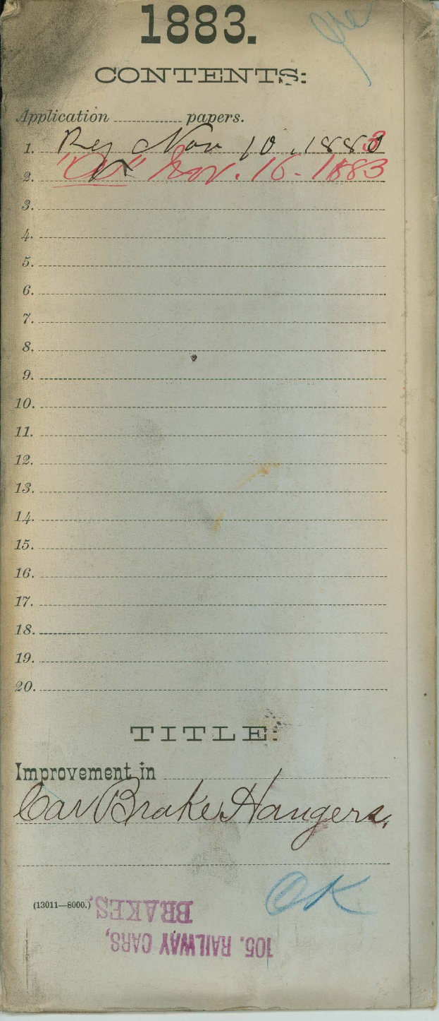 Offenes Buch mit einer 1883er Liste von Verbesserungen für Bremser's Eisenbahnwagen.