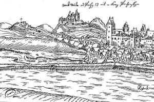 Eine Schwarz-Weiß-Zeichnung einer Burg auf einem Hügel, umgeben von Häusern, Bäumen und Wasser, mit dem Text "Bayern, Deutschland" oben.