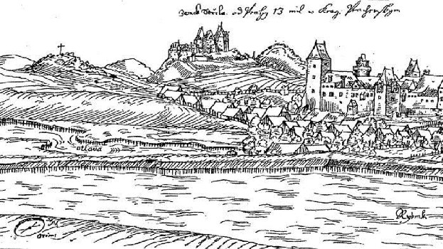 Eine Schwarz-Weiß-Zeichnung einer Burg auf einem Hügel, umgeben von Häusern, Bäumen und Wasser, mit dem Text "Bayern, Deutschland" oben.