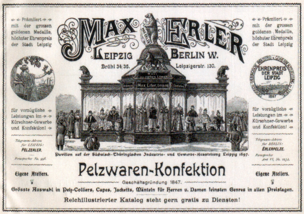 Schwarz-weiß-Reklameplakat für Max Erler Leipzig in Berlin, Deutschland, das eine Gruppe von Menschen vor einem Gebäude zeigt, mit Text zur Ankündigung eines Ereignisses.