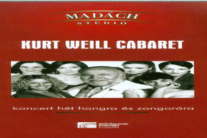 Ein Plakat für das Kurt-Weill-Cabaret-Konzert, das eine zentrale menschliche Gesichtsfläche zeigt, umgeben von einer Gruppe von Menschen, mit Text, der wahrscheinlich den Konzerttitel angibt.