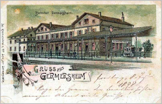 Alte Postkarte zeigt einen Bahnhof mit der Aufschrift "Bahnhof Germersheim" in Deutschland, mit einem Gebäude, Menschen, Fahrzeugen, Bäumen und einer bewölkten Himmel.