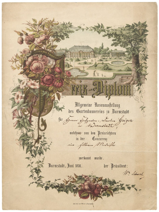 Altes 1870er deutsches Diplom für Gärtner in Darmstadt mit einer Abbildung eines von Bäumen und Blumen umgebenen Gebäudes.