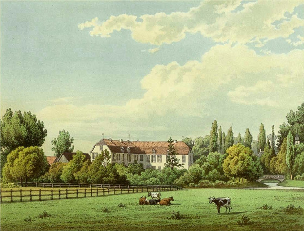 Gemälde von Kühen, die auf einer Wiese grasen, mit einem Holzzaun, Bäumen, Gebäuden mit Fenstern, einer Brücke und einem bewölkten Himmel, mit der Beschriftung "Kühe auf der Weide in Wiesbaden, Deutschland" unten.