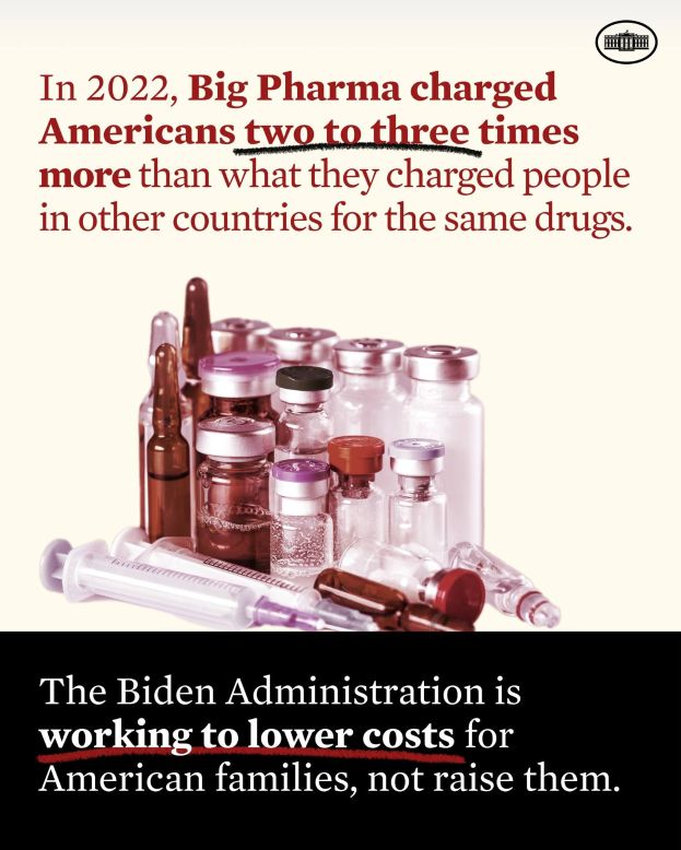 Plakat, das zeigt, dass Big Pharma 2022 Amerikaner zwei bis drei Mal mehr für dieselben Medikamente berechnet hat, mit Bildern von Medikamentenflaschen und einer Spritze.
