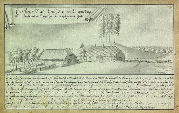 Ein altes Dokument mit der Überschrift "Surgensburg, Deutschland - Landschaft einer Farm" zeigt eine ländliche Szene mit einem zentralen Bauernhof, Nebengebäuden, Bäumen und Häusern im Hintergrund unter einem Himmel.