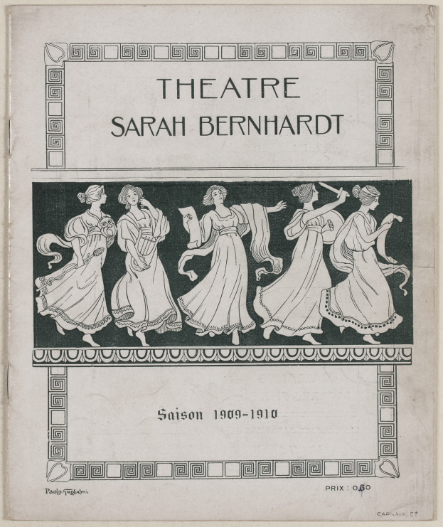 Plakat für das Théâtre Sarah Bernhardt von 1909–1910, das eine Gruppe von Frauen in der Mitte zeigt, umgeben von Text, der das Theater und seine Schauspieler beschreibt.