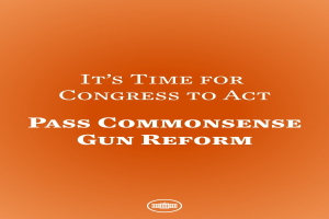 Plakat mit fettem schwarzem Text "Es ist an der Zeit, dass der Kongress handelt, Commonsense-Waffengesetz zu verabschieden" auf einem orangen Hintergrund.